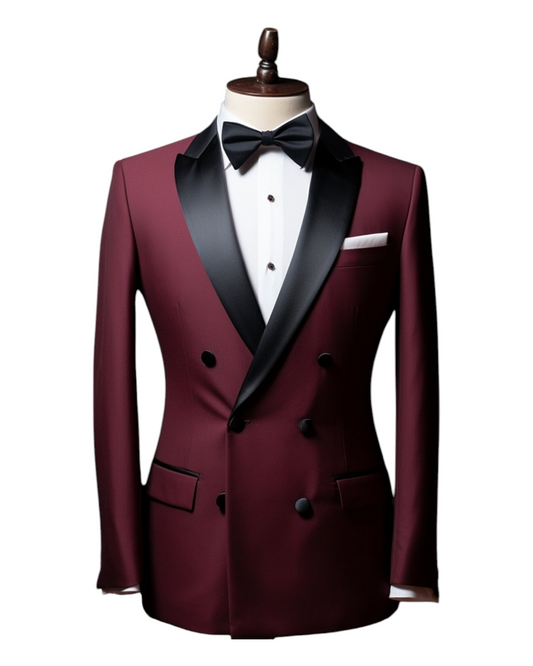 Men Burgundy Color Tuxedo Suit | Double Breasted Black laple Tuxedo Suit , Wedding & Formalwear for Timeless Style