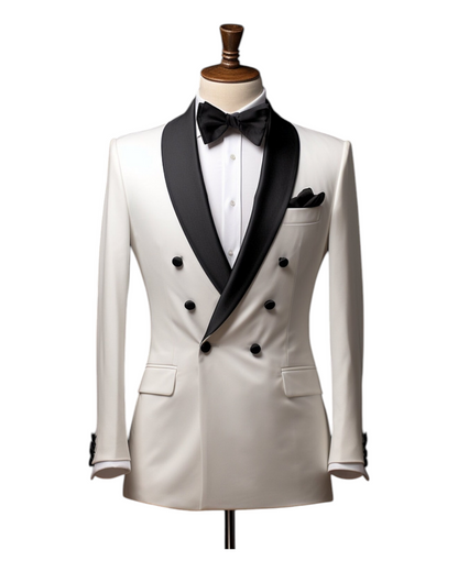White Double Breasted Tuxedo for Men - Classic Formalwear Tailored Suit , Black Laple With Self Button