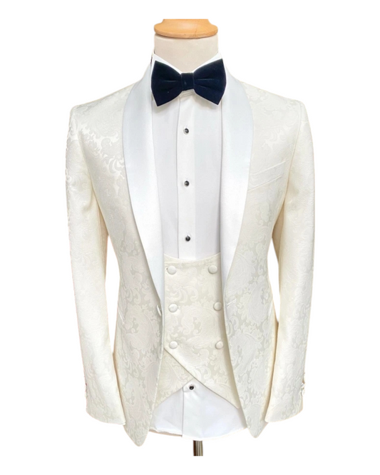 White Three Pieces Jacquard Shawl Lapel Wedding Men Suits | Single Laple White Satin Tuxedo Suit