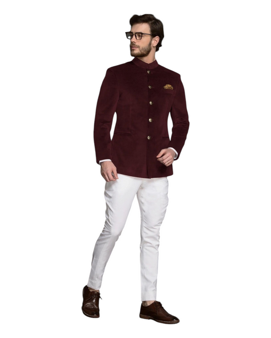 Men Luxry Slim-Fit Burgundy Velvet Jodhpuri Suit , Stylish Bandhgala Suit