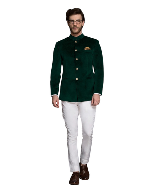Men Luxry Slim-Fit Green Velvet Jodhpuri Suit , Stylish Bandhgala Suit