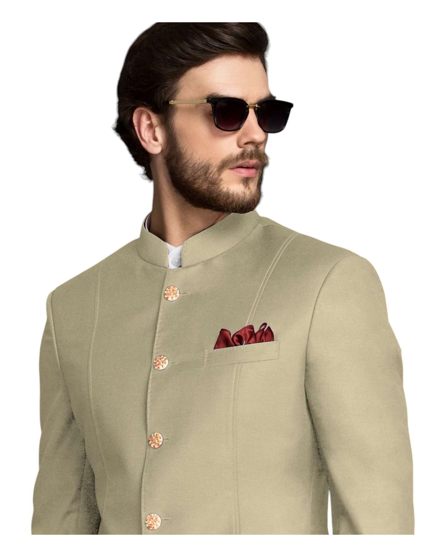 Men's Khaki Wool Jodhpuri Suit With White Formal Pant
