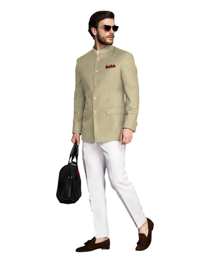 Men's Khaki Wool Jodhpuri Suit With White Formal Pant