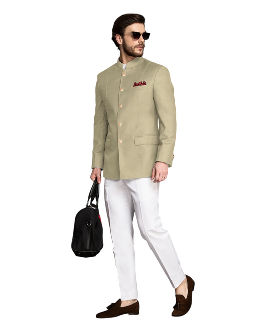Men's Khaki Wool Jodhpuri Suit With White Formal Pant