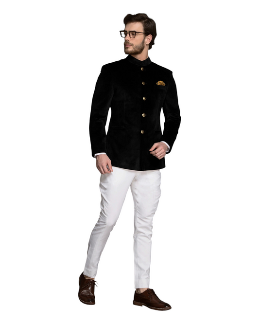 Men Luxry Slim-Fit Black Velvet Jodhpuri Suit , Stylish Bandhgala Suit