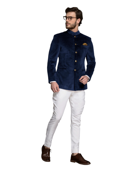 Men Luxry Slim-Fit Blue Velvet Jodhpuri Suit , Stylish Bandhgala Suit