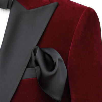Men's Maroon Velvet Wedding Suits 3 pc Black Lapel & Button Slim Fit Groom DB Suits Prom Suits Party Suits