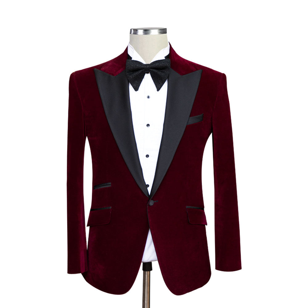 Men's Maroon Velvet Wedding Suits 3 pc Black Lapel & Button Slim Fit Groom DB Suits Prom Suits Party Suits