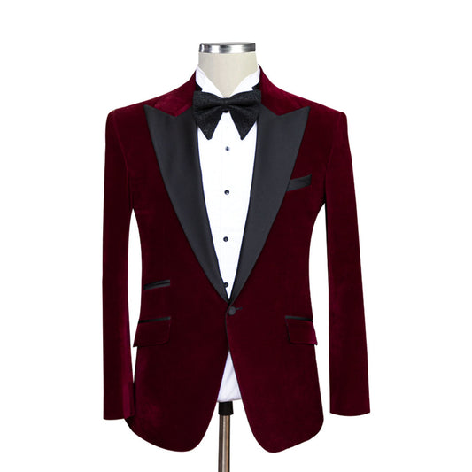 Men's Maroon Velvet Wedding Suits 3 pc Black Lapel & Button Slim Fit Groom DB Suits Prom Suits Party Suits
