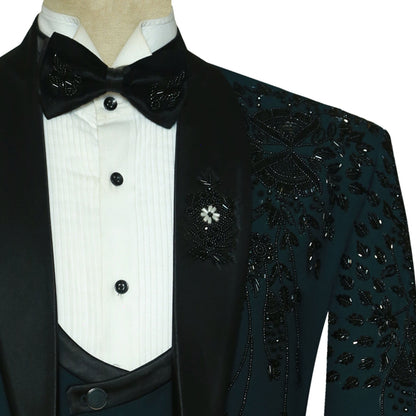Men Luxry Suit, Hand-Made Embroidery Black Cutdana , 3Piece Suit Black Laple Wedding Party Suit