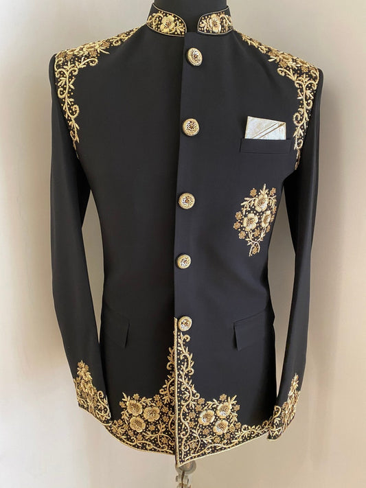 Men's Handcraft Bandhgala Suit, Hand-Made Embroidery Golden Work,Black Jodhpuri Suit