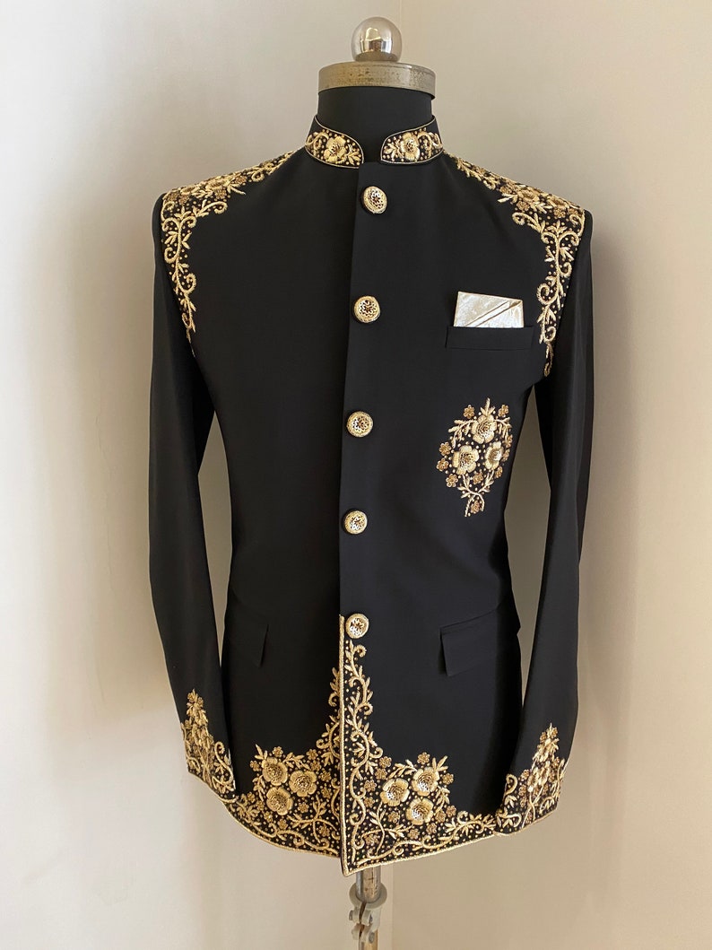 Men's Handcraft Bandhgala Suit, Hand-Made Embroidery Golden Work,Black Jodhpuri Suit