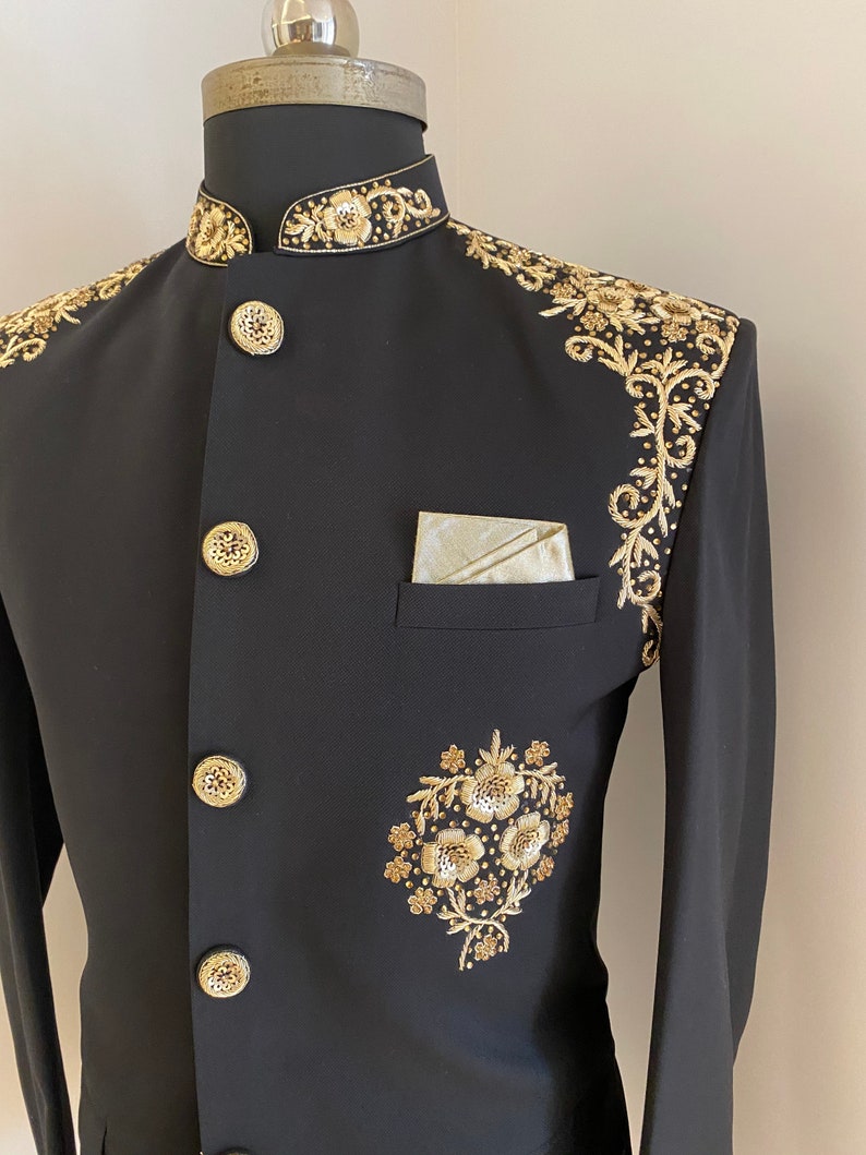 Men's Handcraft Bandhgala Suit, Hand-Made Embroidery Golden Work,Black Jodhpuri Suit