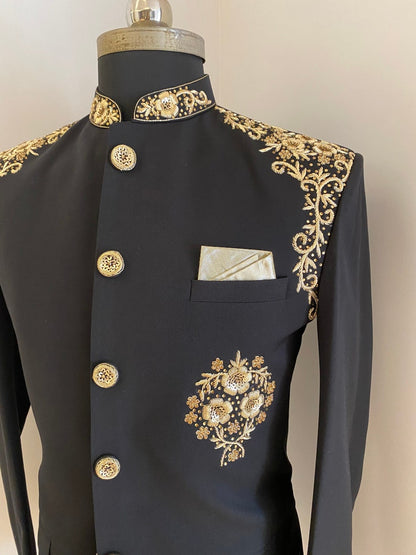 Men's Handcraft Bandhgala Suit, Hand-Made Embroidery Golden Work,Black Jodhpuri Suit