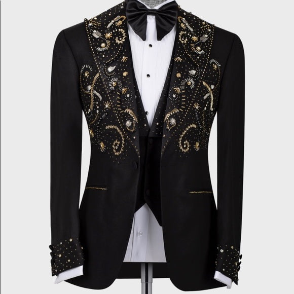 Men's Golden Black Hand-Made Embroidery Double Laple & Bow, Wedding,Party Suit