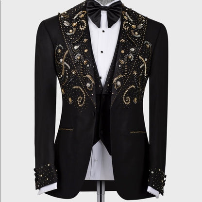 Men's Golden Black Hand-Made Embroidery Double Laple & Bow, Wedding,Party Suit