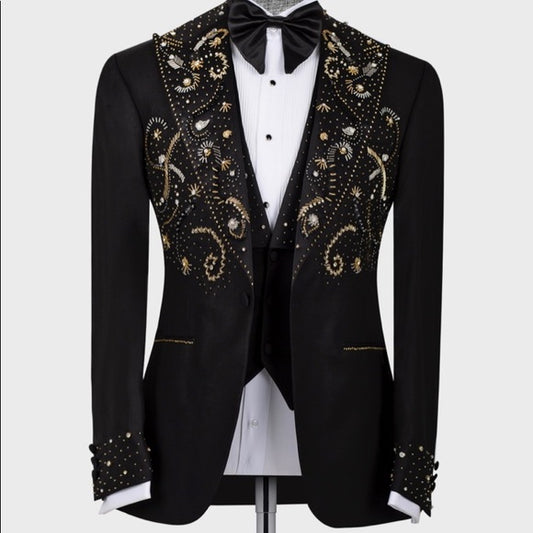 Men's Golden Black Hand-Made Embroidery Double Laple & Bow, Wedding,Party Suit
