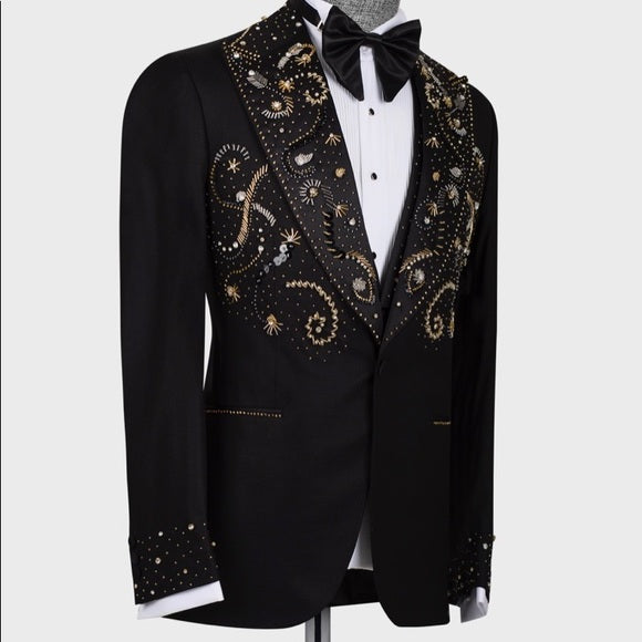 Men's Golden Black Hand-Made Embroidery Double Laple & Bow, Wedding,Party Suit