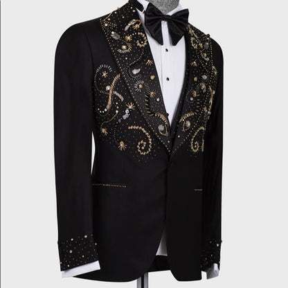 Men's Golden Black Hand-Made Embroidery Double Laple & Bow, Wedding,Party Suit