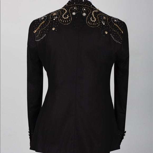 Men's Golden Black Hand-Made Embroidery Double Laple & Bow, Wedding,Party Suit