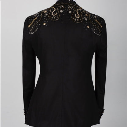 Men's Golden Black Hand-Made Embroidery Double Laple & Bow, Wedding,Party Suit