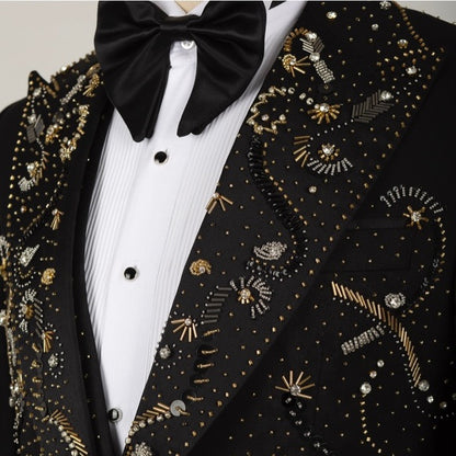 Men's Golden Black Hand-Made Embroidery Double Laple & Bow, Wedding,Party Suit