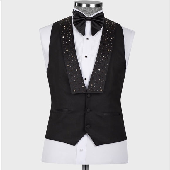 Men's Golden Black Hand-Made Embroidery Double Laple & Bow, Wedding,Party Suit