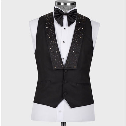 Men's Golden Black Hand-Made Embroidery Double Laple & Bow, Wedding,Party Suit