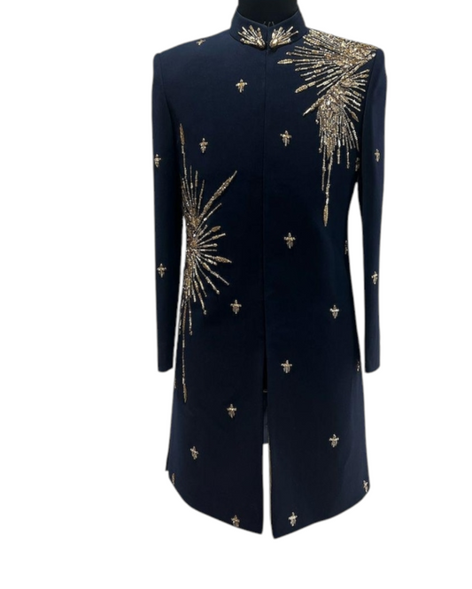 Men's Navy Blue Handcraft Sherwani , Hand-Made Embroidery Golden Zari Work Indowestern Suit