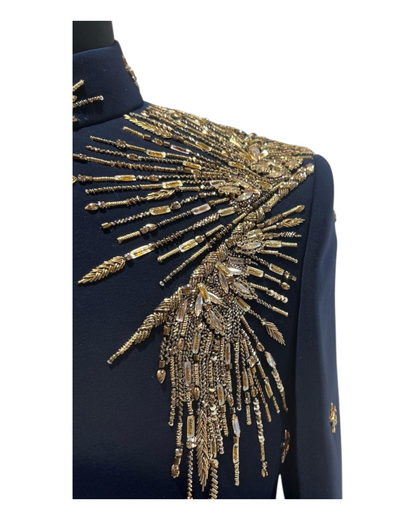 Men's Navy Blue Handcraft Sherwani , Hand-Made Embroidery Golden Zari Work Indowestern Suit