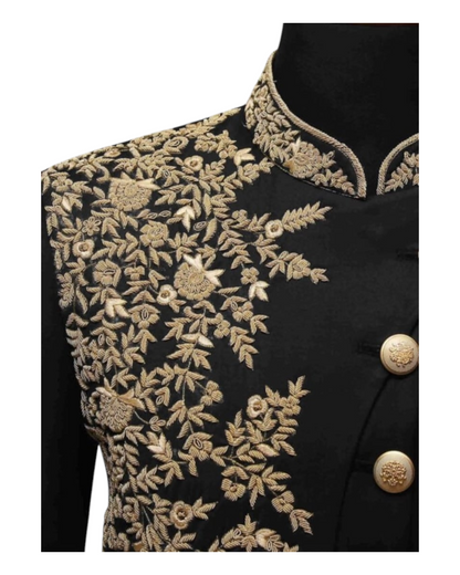 Men's Black Handcraft Indowestern Suit, Hand-Made Golden Embroidery Zari Work Sherwani