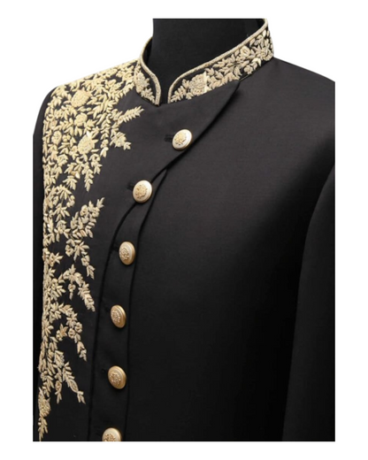 Men's Black Handcraft Indowestern Suit, Hand-Made Golden Embroidery Zari Work Sherwani