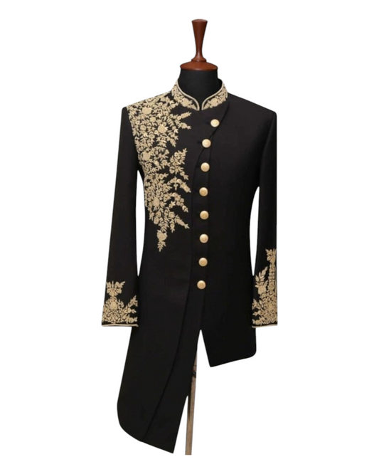 Men's Black Handcraft Indowestern Suit, Hand-Made Golden Embroidery Zari Work Sherwani